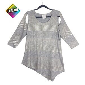 Artex Fashion Silver Metallic Asymmetrical Tunic Top L Cutout Sleeves Party Wear